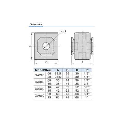 GA40010T AIRTAC DIVERTER BLOCK<BR>GA400 (DB) SERIES 3/8" NPT